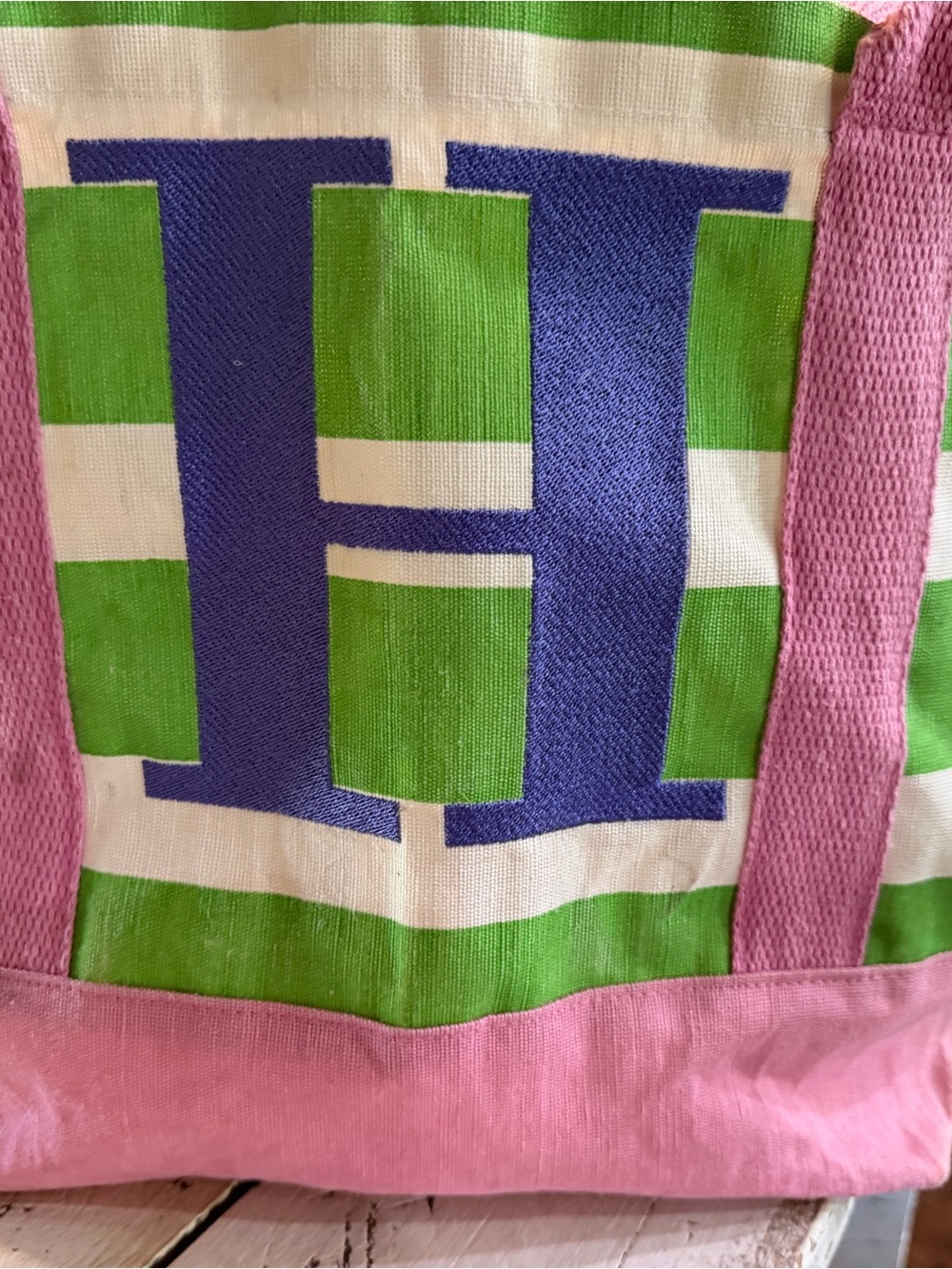Mud Pie Pink Green White Navy Striped Monogram Tote